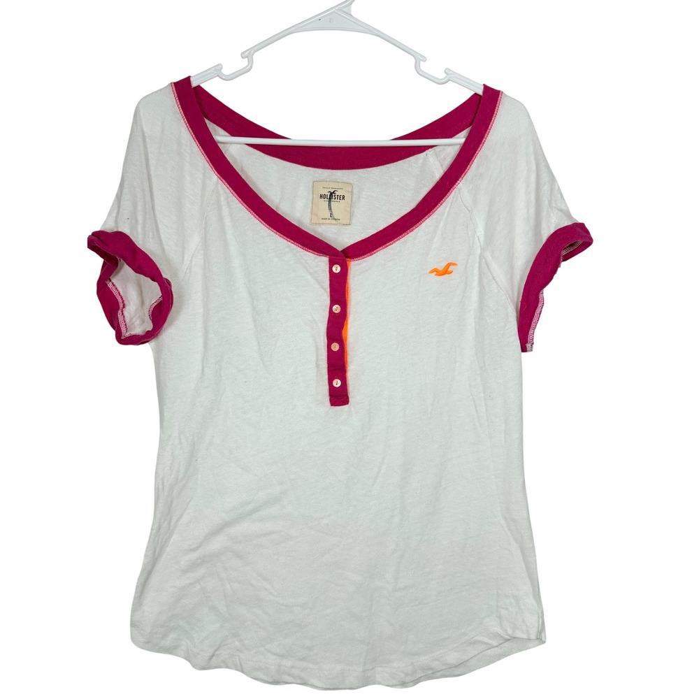 Hollister Women Large White Pink Henley Top Short Sleeve Ringer T-Shirt Y2K Logo